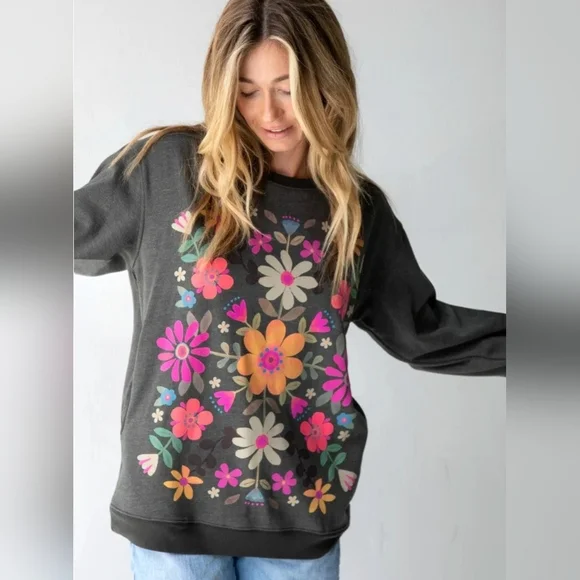 Natural Life Comfy Pocket Boho Sweatshirt - Gray Folk Flower, EUC, 3X - Picture 1 of 13